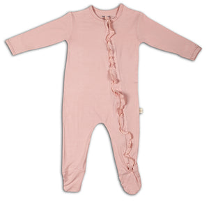 Coral Blush Ruffled Bamboo Zipper Footie