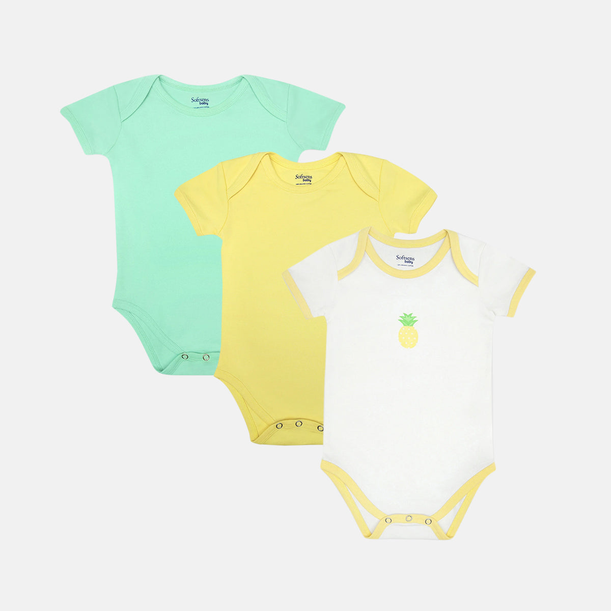 3-pack Organic Cotton Baby Bodysuits (mint + yellow + pineapple)