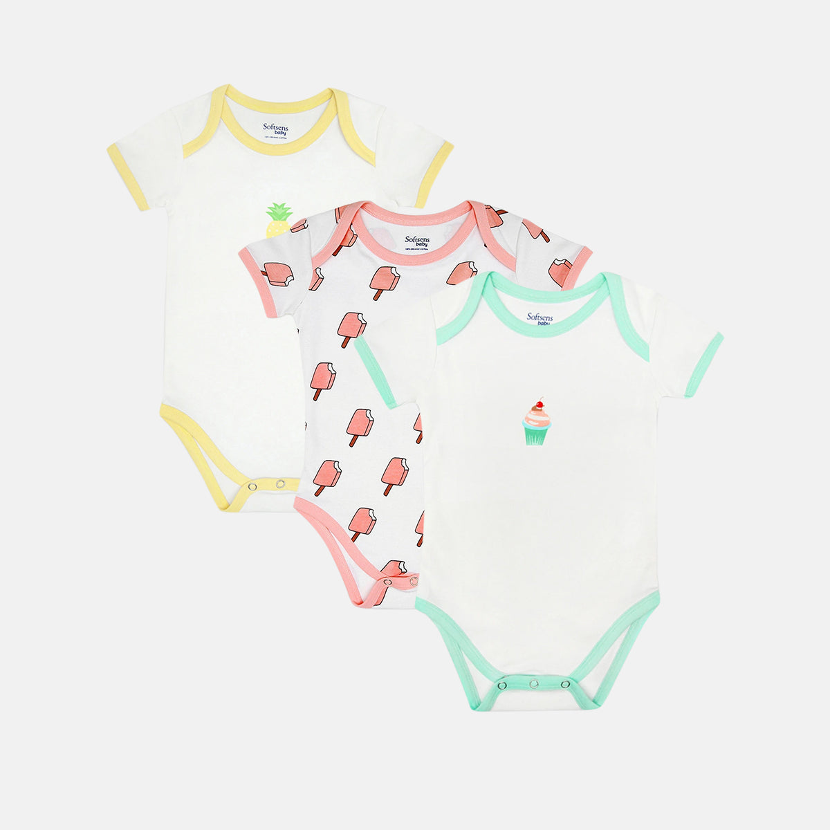 3-pack Organic Cotton Baby Bodysuits (pineapple + ice cream + cupcake)