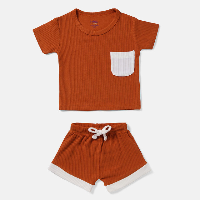 Rust Orange Ribbed Top & Shorts Set