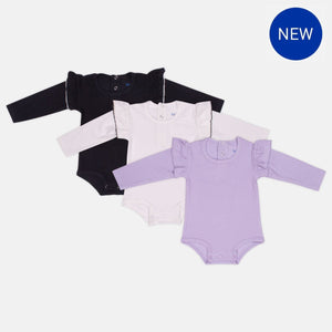 Pack of 3 Long Sleeved Ribbed Bodysuits with Frills